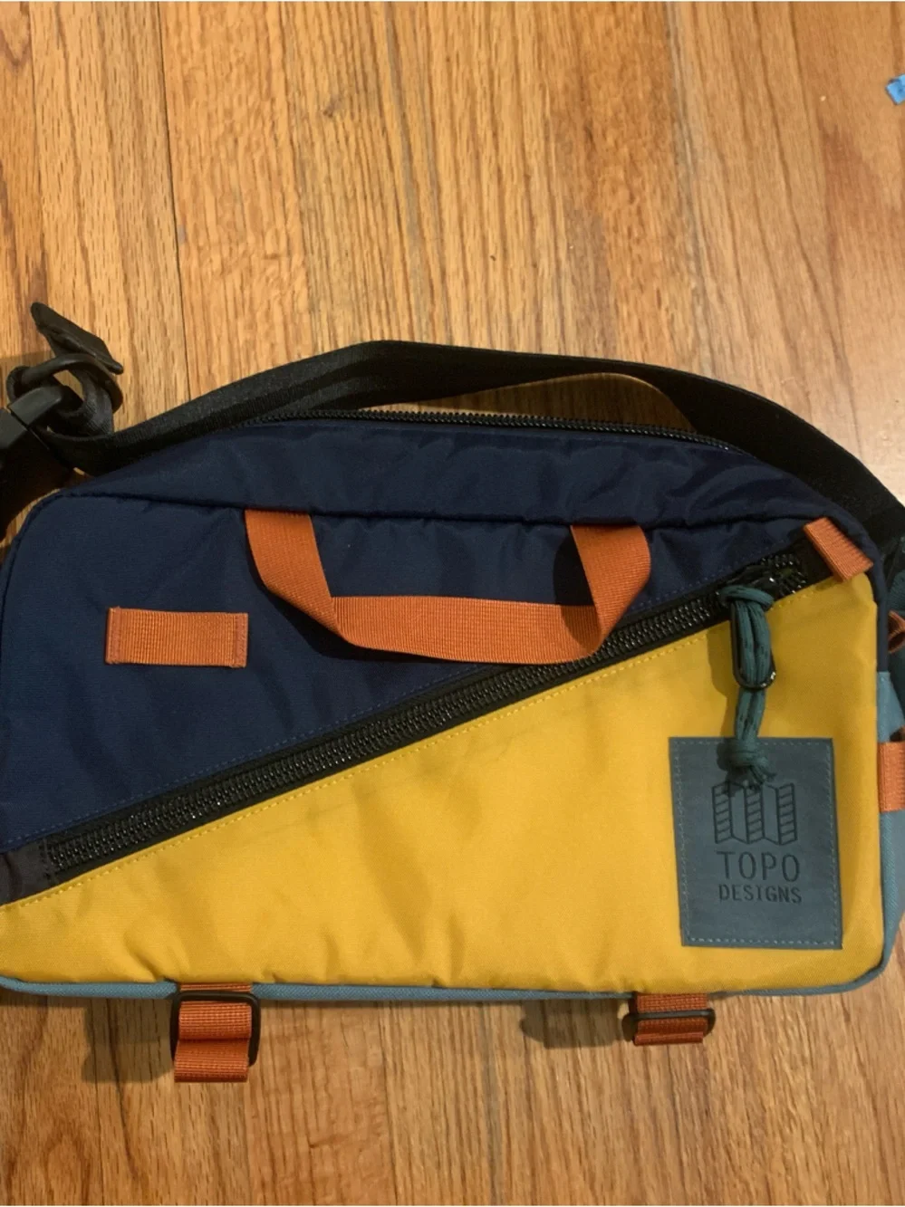 Topo Designs Yellow & Navy Crossbody Messenger with Orange Accents